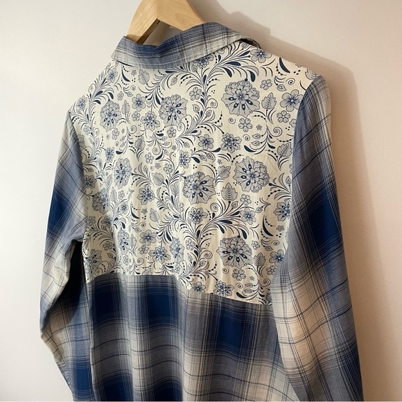 Maurices Plaid Floral Button Down Shirt Sz S Blue White Mixed Print Top Boho - Picture 6 of 11